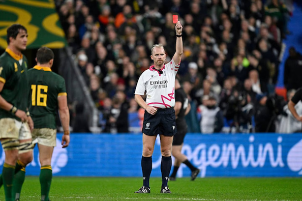 Referee Wayne Barnes shows Sam Cane the red card during the World Cup final. Photo / Photosport