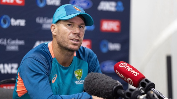 David Warner speaks to media during an Australia training and media session at the Wellington Basin Reserve. Photo / Photosport