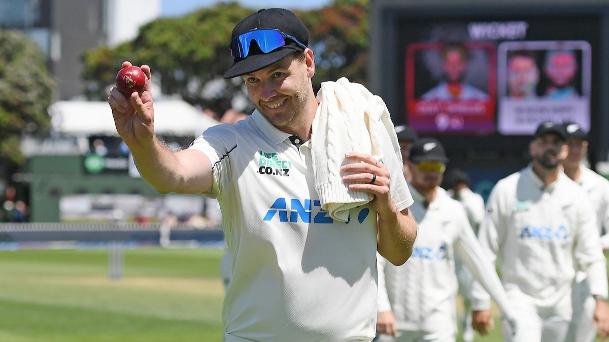 Black Caps bowler Jacob Duffy celebrates his five-wicket haul. Photo / Photosport