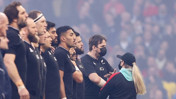 Daniel 'Jarvo' Jarvis joined the All Blacks line-up for about 20 seconds. Photo / Getty