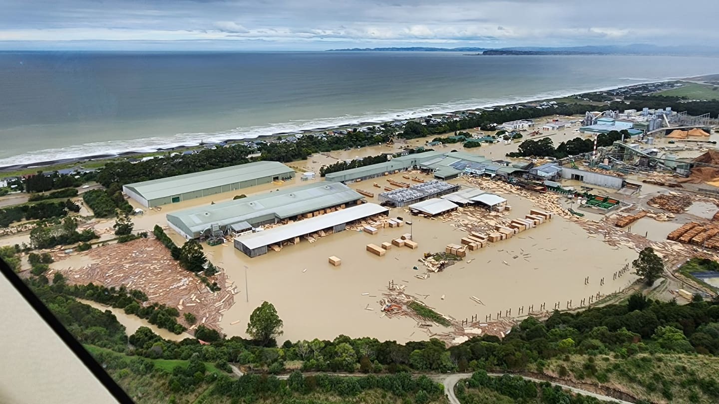 Flood mitigation work has begun to protect Whirinaki and Pan Pac, pictured here the day after Cyclone Gabrielle, from future flooding. Photo / Supplied