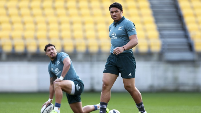 Caleb Clarke looks on during a New Zealand All Blacks training session at Sky Stadium on July 10, 2025 in Wellington, New Zealand. (Photo by Hagen Hopkins/Getty Images)