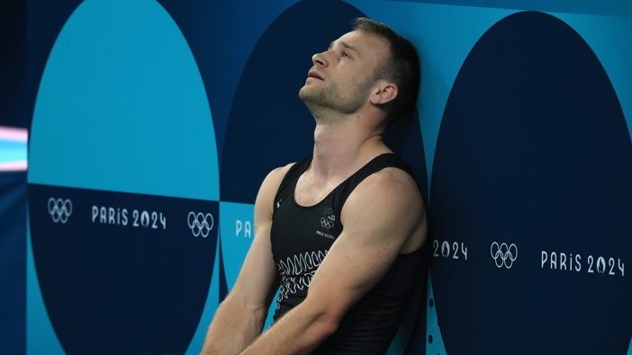 Dylan Schmidt from New Zealand dissapointed after the final of the trampoline gymnastics at Bercy Arena, Olympics, Paris, France on Friday 2 August 2024. Photo credit: Iain McGregor / www.photosport.nz