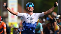 Patrick Bevin celebrates his second World Tour victory. (Photo / Getty)