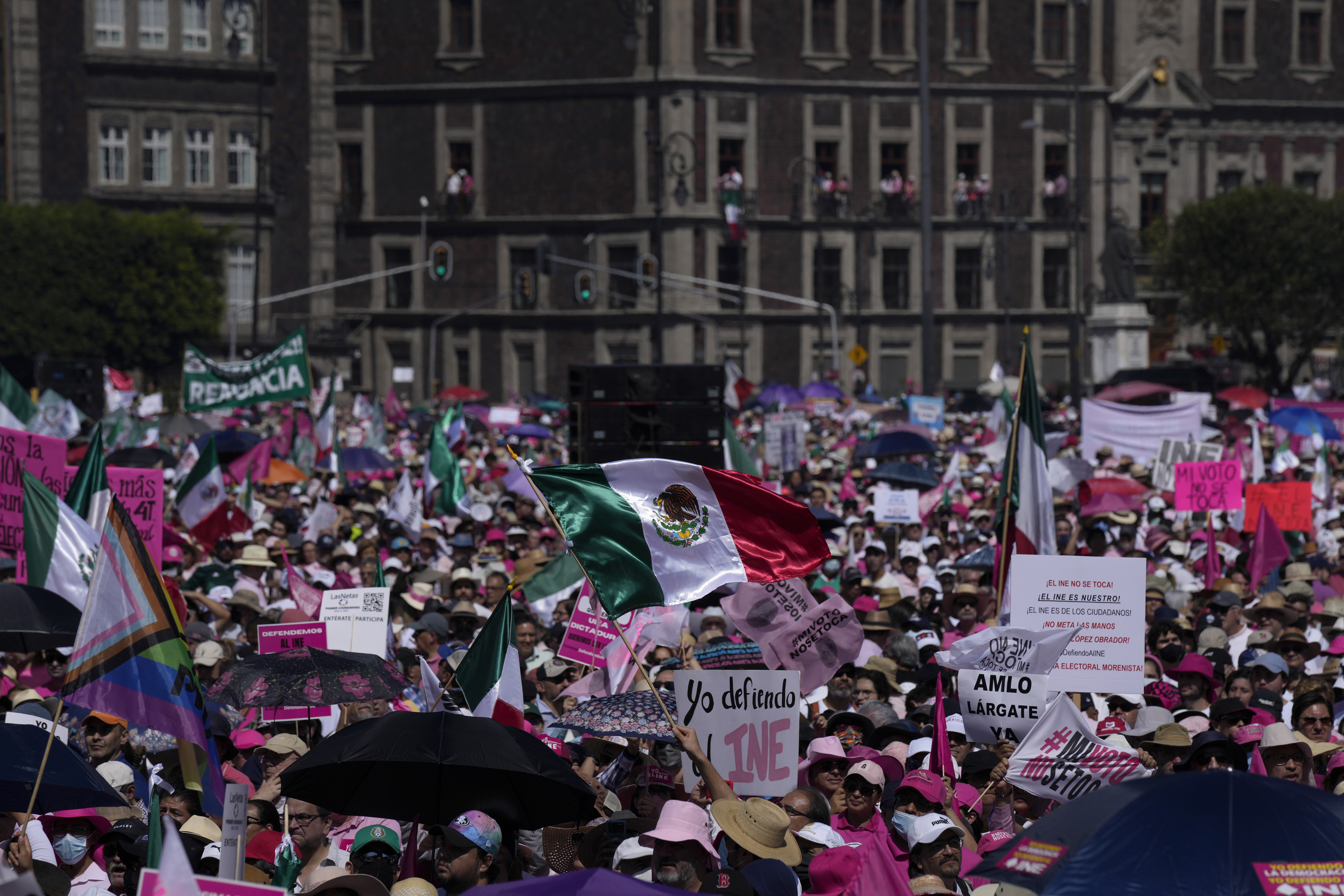 Anti-government demonstrators march against recent reforms pushed by President Andres Manuel Lopez Obrador to the country's electoral law that they say threaten democracy, in Mexico City's main square, The Zocalo, Sunday, Feb. 26, 2023. Photo / AP