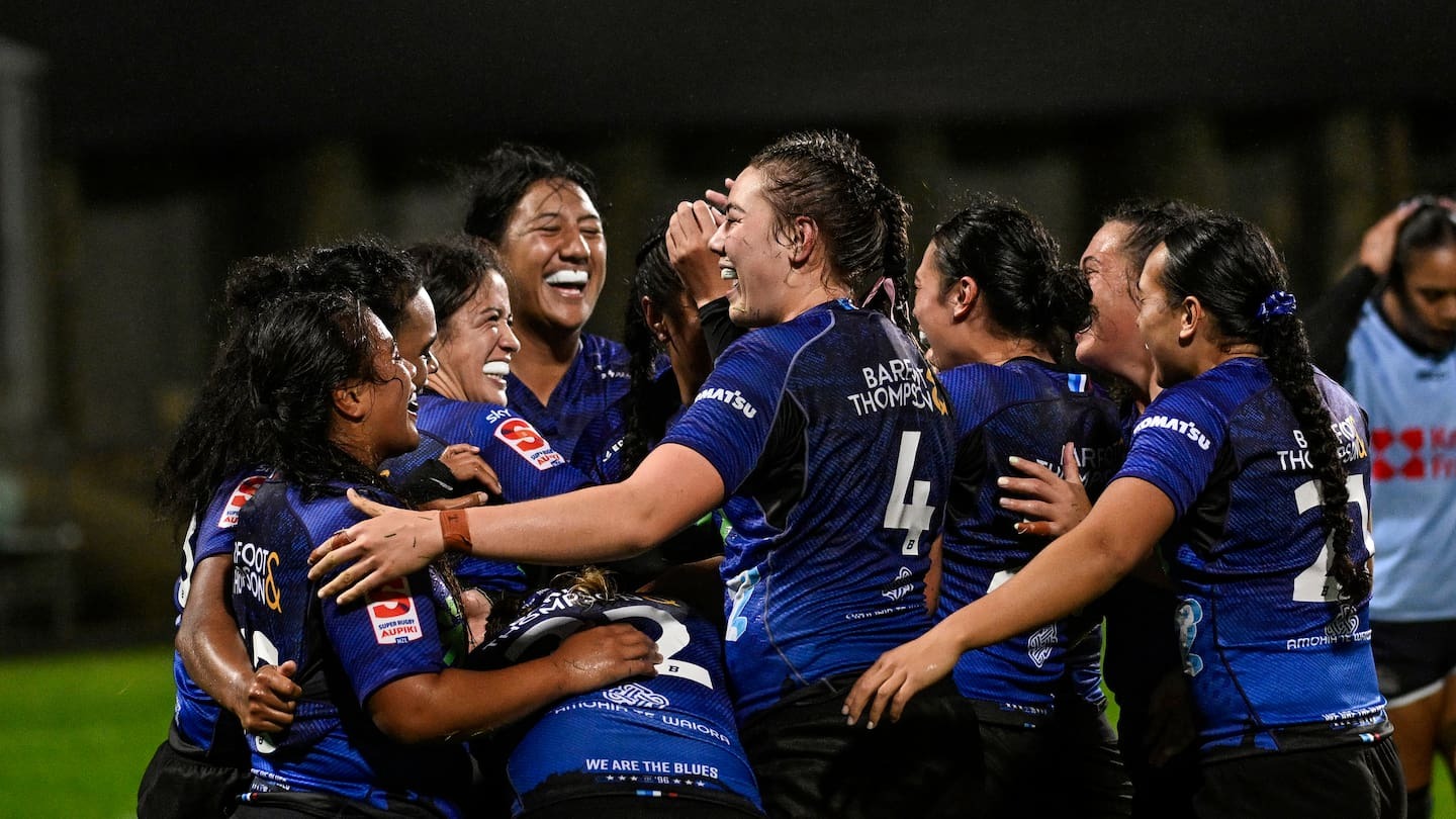 The Blues celebrate a try in the Super Rugby Aupiki final. Photo / Photosport