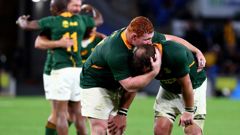 South African players celebrate their win over the All Blacks. (Photo / AP)