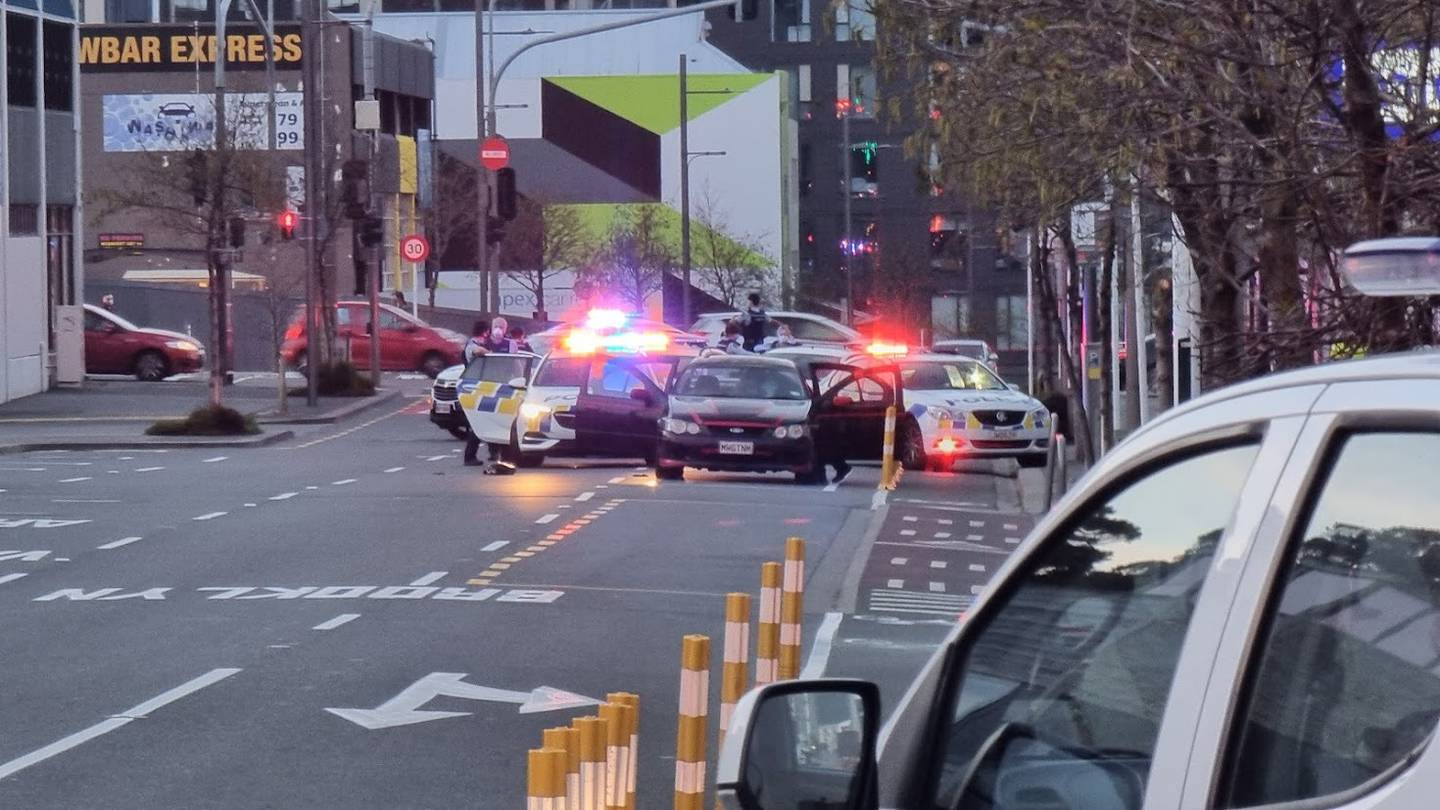 Last night police stopped a vehicle on Victoria St in Wellington's CBD in relation to the firearms incident. (Photo / Ryan Holloway)