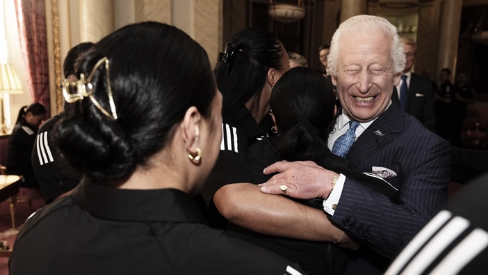 King Charles III meets New Zealand's Black Ferns rugby union team at Buckingham Palace on September 11, 2024 in London, England. (Photo by Aaron Chown - WPA Pool/Getty Images)