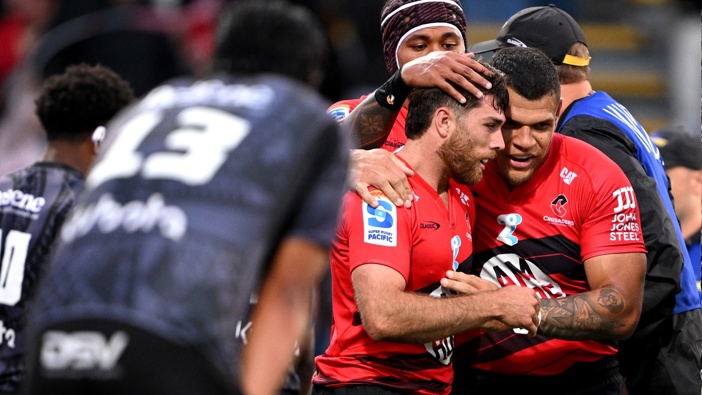 Kyle Preston of the Crusaders celebrates after scoring a try with Levi Aumua of the Crusaders during the round one Super Rugby Pacific match between Crusaders and Hurricanes at Apollo Projects Stadium, on February 14, 2025, in Christchurch, New Zealand. (Photo by Joe Allison/Getty Images)