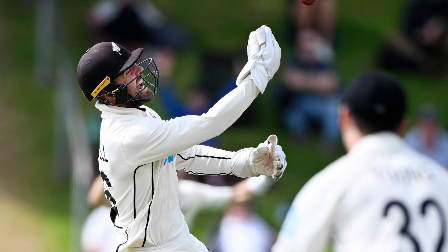 New Zealand's Tom Blundell celebrates running out England's Harry Brook. Photo / AP