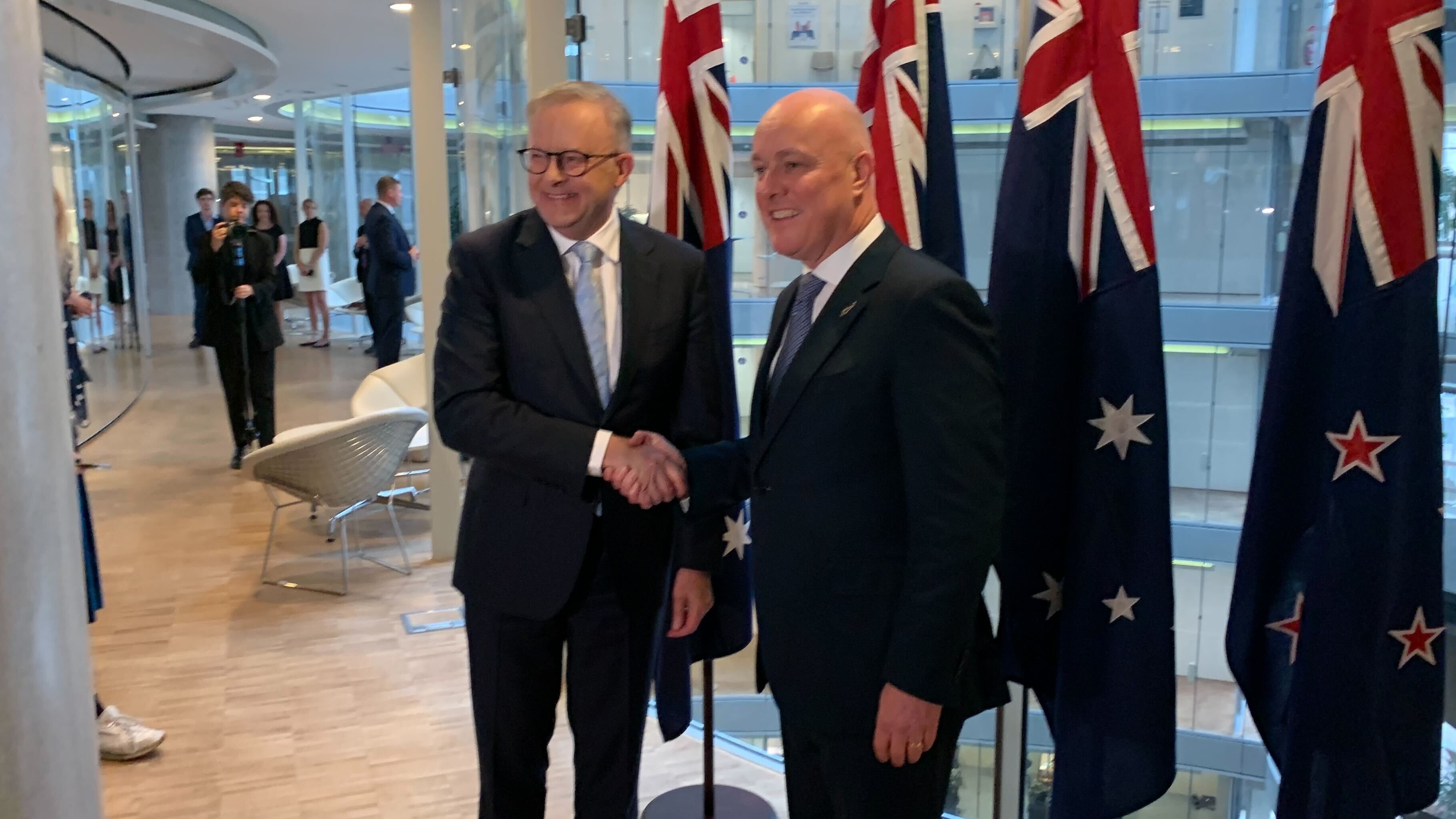 Christopher Luxon (right) shakes hands with Anthony Albanese in Sydney in December 2023. Photo / Adam Pearse