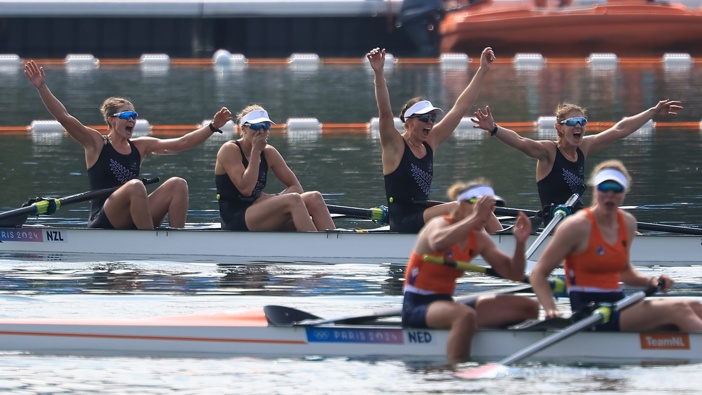 The Kiwi women's four were elated after their sprint for bronze. Photo / Photosport