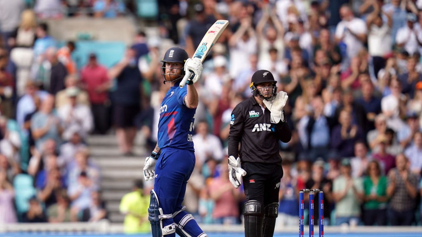 England's Ben Stokes celebrates reaching 150 as he bats during the third one day international match at the Kia Oval. Photo / Getty Images