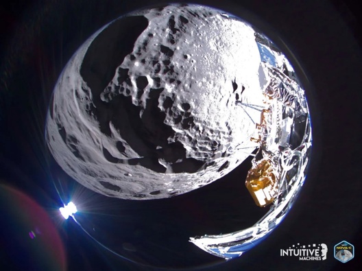 The Intuitive Machines’ Odysseus lunar lander captured a fish-eye view of Schomberger crater on the moon after touching down. Intuitive Machines