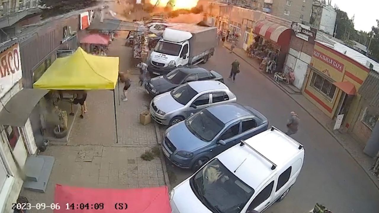 Footage shared by Ukrainian President Volodymyr Zelensky showed the moment the missile struck the market in Kostiantynivka, September 6, 2023. President of Ukraine/Telegram/Reuters