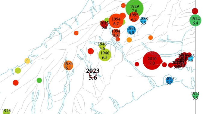 What was one of the largest earthquakes of 2023 struck in a seismically quiet area, near faults that’ve produced only a handful of big shakes in the last 18,000 years. Image / GeoNet
