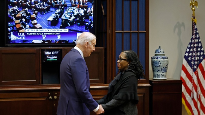 President Joe Biden congratulates Ketanji Brown Jackson at the White House on April 7 as the Senate confirms her to be the first Black woman to be a justice on the Supreme Court. (Photo / Getty)