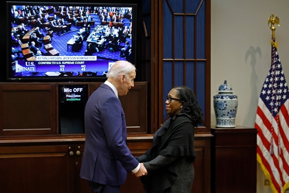 President Joe Biden congratulates Ketanji Brown Jackson at the White House on April 7 as the Senate confirms her to be the first Black woman to be a justice on the Supreme Court. (Photo / Getty)