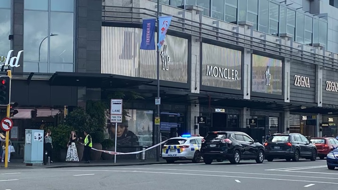 Police have cordoned off an area outside Westfield Newmarket's upmarket fashion store Moncler. Photo / Lynley Ward