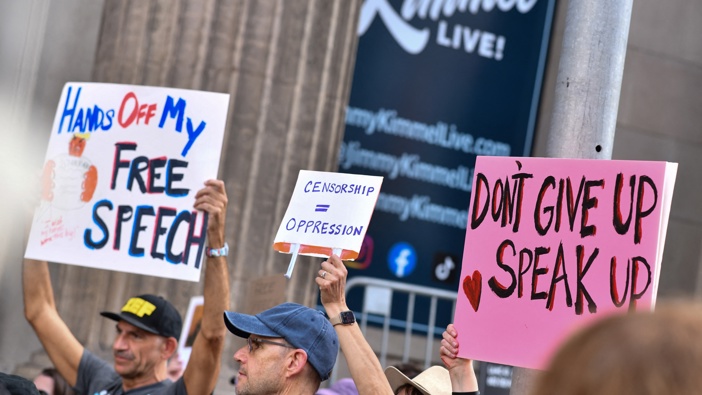 Demonstrators in Hollywood protest against the cancellation of the Jimmy Kimmel Live! show. Photo / Chris Delmas, AFP