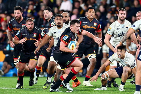 Brodie McAlister of the Chiefs during the round 15 Super Rugby Pacific match between Chiefs and Moana Pasifika at FMG Stadium, on May 24, 2025, in Hamilton, New Zealand. (Photo by Dave Rowland/Getty Images)