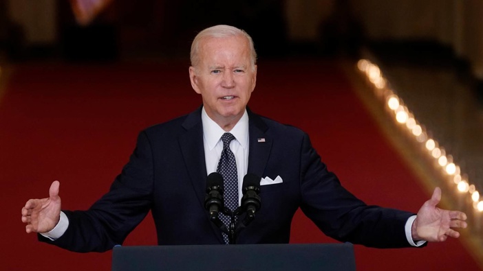 US President Joe Biden speaks from the East Room of the White House. Photo / AP