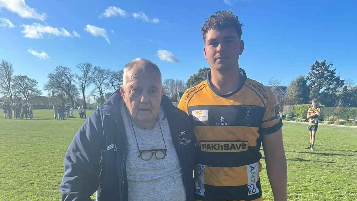 Barry Gardiner with his grandson, Jordyn Gardiner, after a Marlborough Boys' College vs St Andrews rugby match in Christchurch. Photo / Supplied