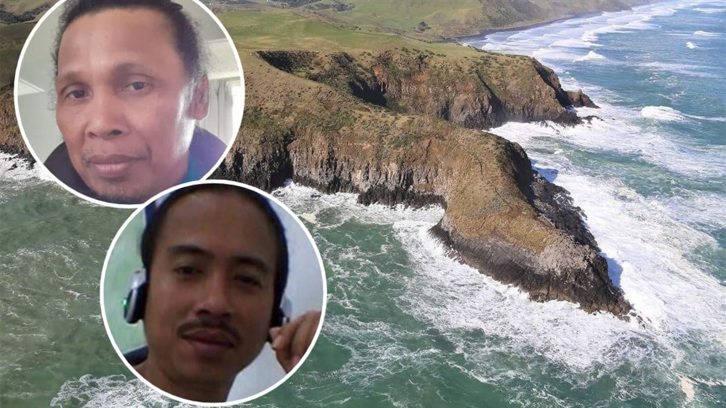 Olson Canatoy (inset, top) and Eric Dabalos (bottom) disappeared from Papanui Point while fishing on October 31, 2021. Photos / NZ Police / Waikato District Council