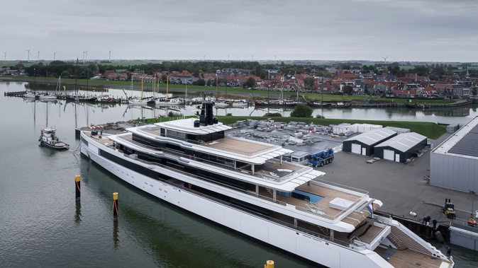 Project 1011 a 102.6 metre superyacht was seen cruising in Bergen, Norway, on its maiden voyage to its owner, New Zealand's richest man Graeme Hart. Photo / Ferrymead
