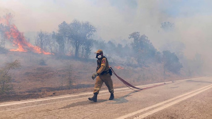 A firefighter near Alexandroupolis, in northeastern Greece. With firefighting forces stretched to the limit, Greece asked other European countries for assistance. Photo / AP