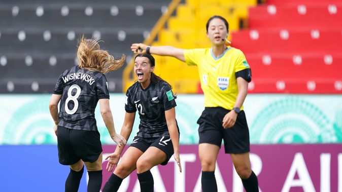 Ava Collins celebrates with Grace Wisnewski after New Zealand's opening goal against Mexico at the FIFA U-20 Women's World Cup. Photo / Photosport
