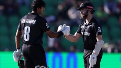 Rachin Ravindra is congratulated by Kane Williamson after reaching his century. Photo / Getty Images