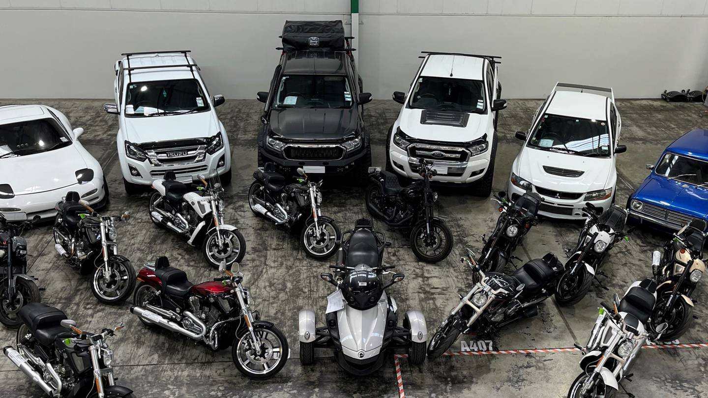 Twelve Harley Davidson motorcycles and 16 other vehicles have been seized by cops amid a large bust targeting the West Auckland Nomads Chapter of the Hells Angels Motorcycle Club. Photo / NZ Police