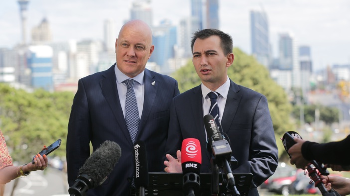 Prime Minister Christopher Luxon and Transport Minister Simeon Brown announce the Auckland regional fuel tax is to be scrapped. Photo / Sylvie Whinray 