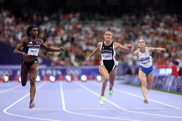 Daryll Neita of Team Great Britain, Zoe Hobbs of Team New Zealand and Karolina Manasova of Team Czechia compete during the Women's 100m Semi-Final. Photo / Getty Images