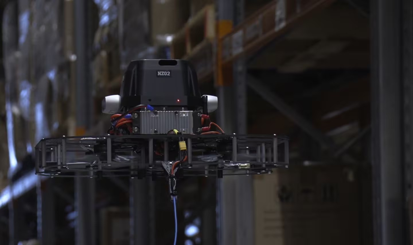 The drone hovering in the airline's logistics warehouse.