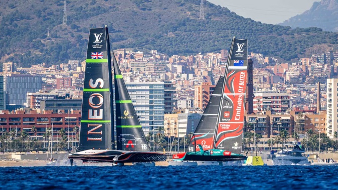 Emirates Team New Zealand and Ineos Britannia in race nine of the Louis Vuitton 37th America’s Cup in Barcelona, Spain. Photo / Photosport