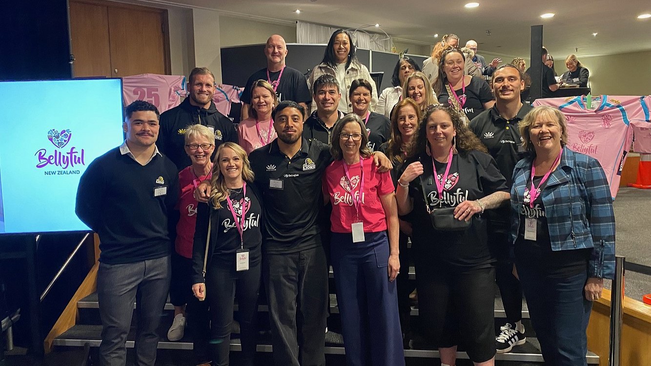 Members of the Wellington Lions & Pride with sponsors Mills Albert and the Bellyful charity. Photo / Supplied