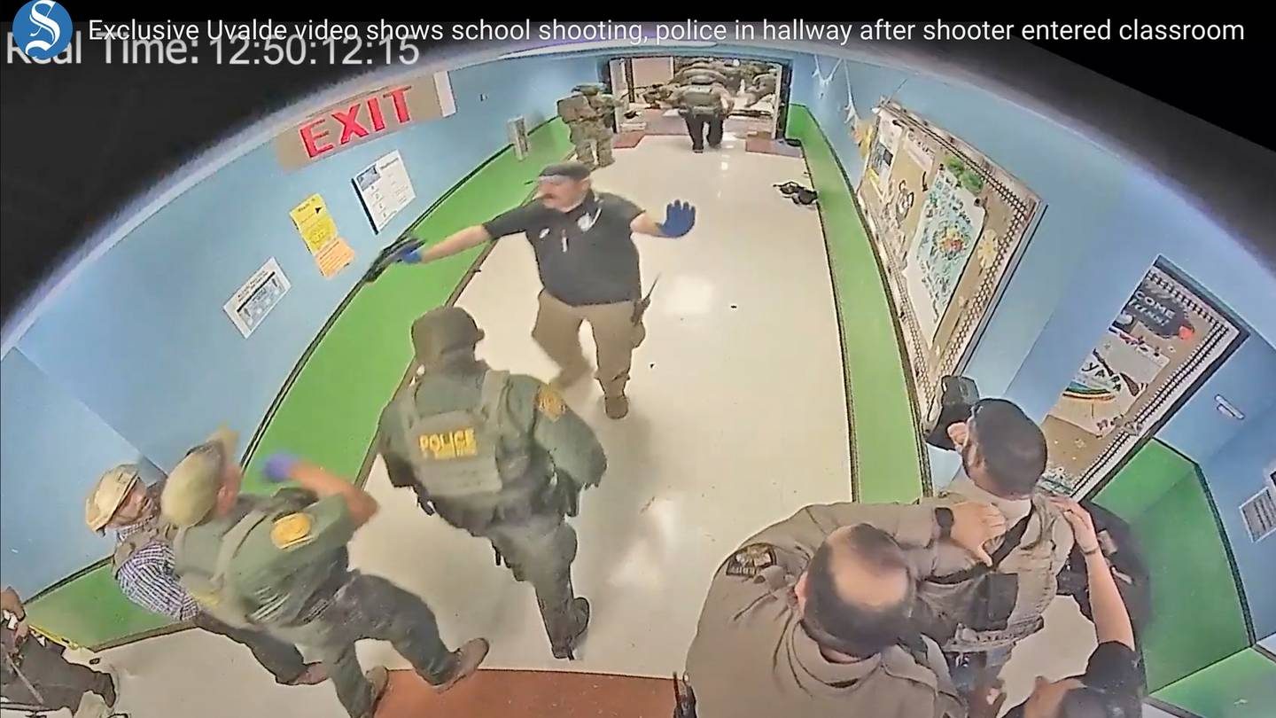 In this photo from surveillance video provided by the Uvalde Consolidated Independent School District via the Austin American-Statesman, authorities respond to the shooting at Robb Elementary School in Uvalde, Texas. Photo / AP