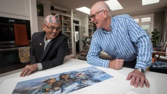 Uddhav Adhikary, president of the Non-Resident Nepali Association, discussing Everest Day preparations with Peter Hillary, son of Sir Edmund Hillary. Photo / Jason Oxenham