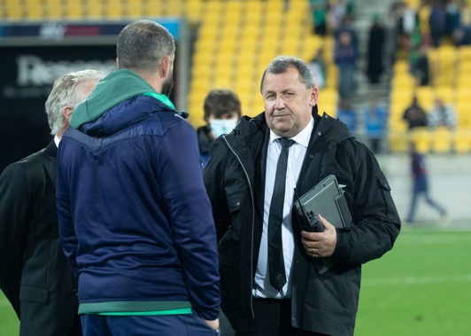 All Blacks coach Ian Foster with his Irish opposite Andy Farrell after the third test. (Photo / Mark Mitchell)