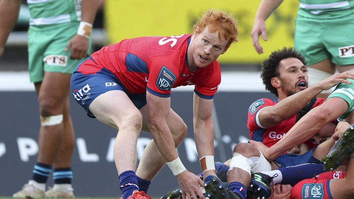 Finlay Christie of Tasman looks to pass during the round one Bunnings Warehouse NPC match between Manawatu and Tasman at Central Energy Trust Arena, on August 11, 2024, in Palmerston North, New Zealand. (Photo by Hagen Hopkins/Getty Images)