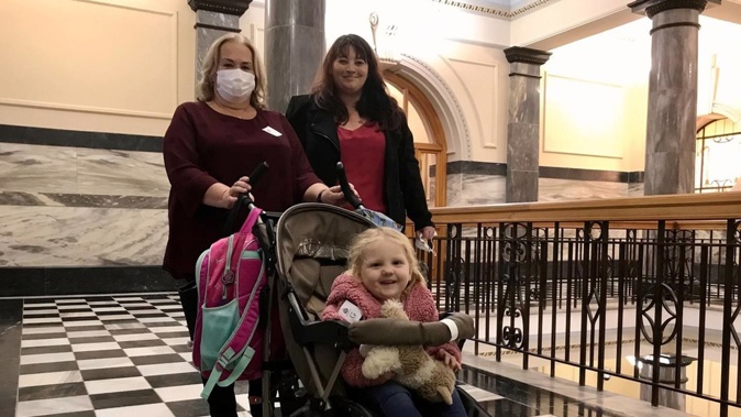 Two-year-old Zoey Butcher and family arrive at Parliament earlier today for the Budget. Photo / John Weekes