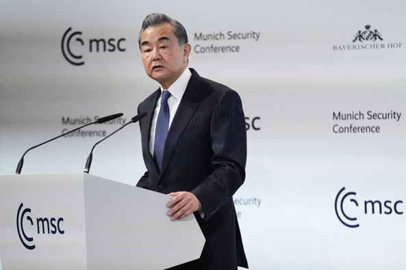China's Director of the Office of the Central Foreign Affairs Commission Wang Yi speaks at the Munich Security Conference in Munich, Saturday, Feb. 18, 2023. Photo / AP