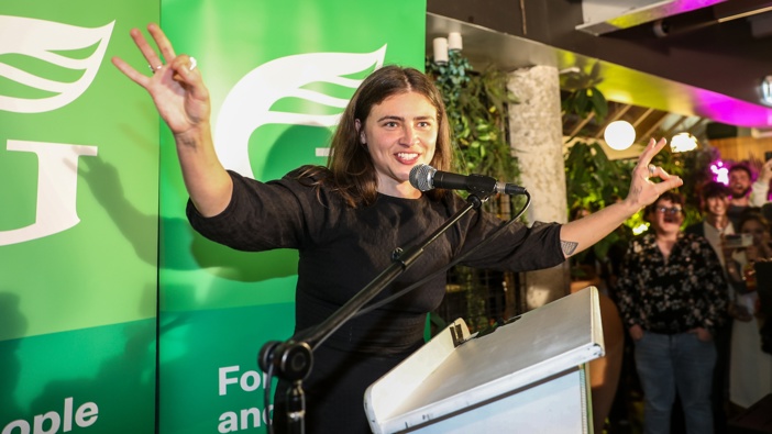 Chlöe Swarbrick arrives at the Green Party election night party, 2023. Photo / Michael Craig