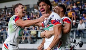 Alofiana Khan-Pereira celebrates with teammates after scoring. Parramatta Eels v One NZ Warriors. NRL Rugby League, CommBank Stadium, NSW, Australia, Saturday 2nd May 2026 Copyright Photo: David Neilson