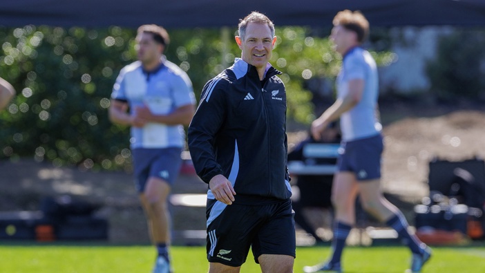 Assistant coach Leon MacDonald during a New Zealand All Blacks training session at Mt Smart Stadium on August 13, 2024 in Auckland, New Zealand. (Photo by Dave Rowland/Getty Images