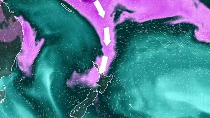 Capable of carrying double the average flow of the Amazon River – and snaking thousands of kilometres between the tropics and the mid-latitudes – about 40 "atmospheric rivers" typically make landfall in New Zealand each year. Image / Niwa