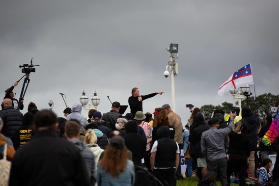 Destiny Church leader Brian Tamaki speaking to protesters at Auckland Domain last month. (Photo / NZME)